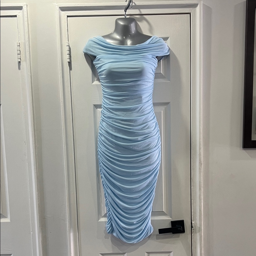 Fashion Nova Light Blue Gathered Midi Dress